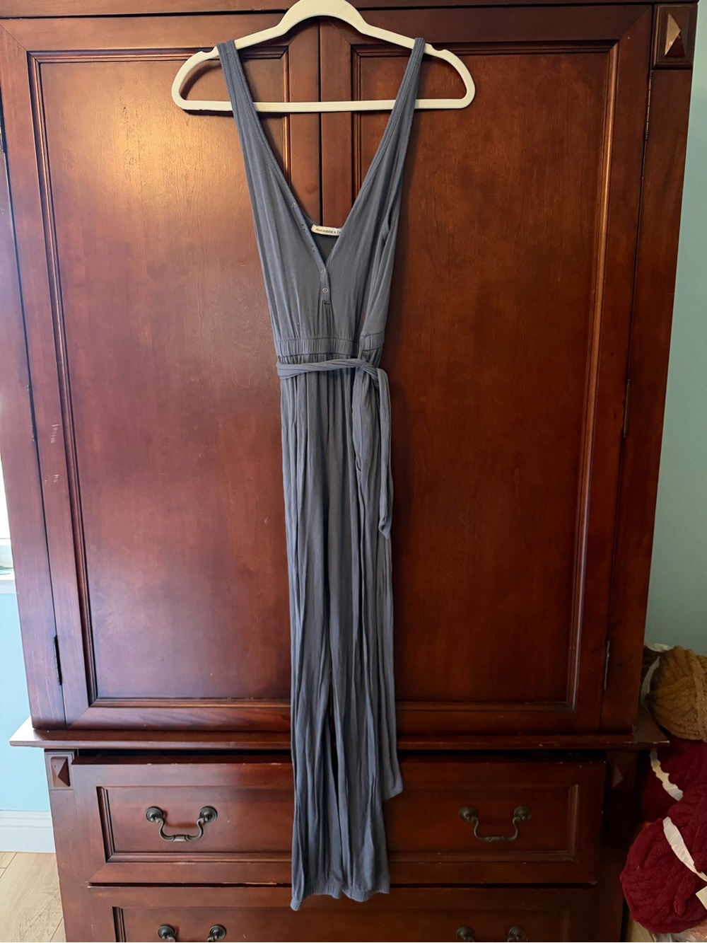 Abercrombie & Fitch Slate Blue Sleeveless V-Neck Jumpsuit with Self Tie